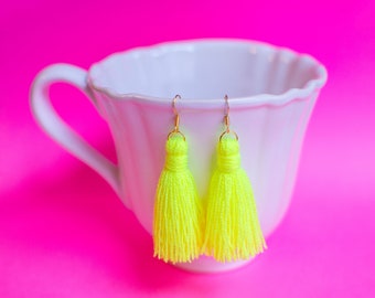 Neon Yellow Tassel Earrings with Gold Plated Earring Wires