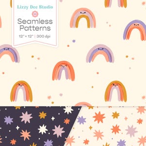 May include: Seamless patterns featuring smiling rainbows in shades of orange, purple, and yellow, along with small star shapes. The patterns are 30.5 cm x 30.5 cm and 300 dpi. The design includes a dark navy blue background with stars and a cream background with stars.