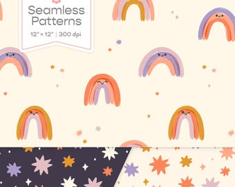 Rainbows and Stars Seamless Pattern, Commercial Use Fabric Print (Digital Art File)