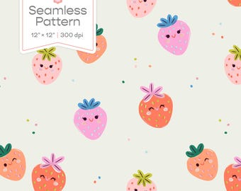 Strawberries Seamless Pattern, Digital Fruit Illustration Printable for Commercial and Personal Use Instant Download