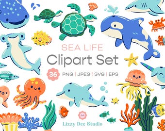 Sea Life Clipart Set, Vector svg eps png jpeg bundle, baby nursery decor invitations