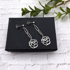 Stainless steel ROSE FLOWER EARRINGS on stainless steel paper clip chain -stainless steel ear hooks or posts, hypoallergenic, sensitive ears