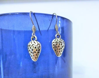 STRAWBERRY EARRINGS in silver tone on stainless steel ear wires or posts - hypoallergenic, sensitive ears