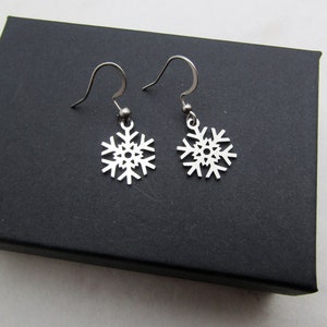May include: A pair of silver snowflake earrings. Each earring features a detailed snowflake design suspended from a hook. The earrings are displayed on a black surface, showcasing their intricate cut-out patterns and metallic sheen.