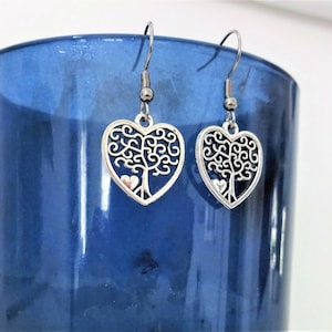 HEART TREE EARRINGS -stainless steel ear hooks or posts - hypoallergenic sensitive ears- Mothers day gift-tree of life, family tree