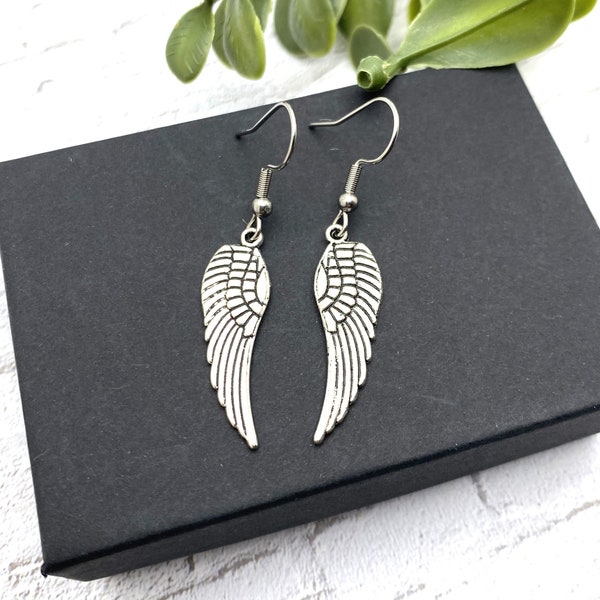 ANGEL WING EARRINGS in silver tone on stainless steel ear hooks or posts - hypoallergenic, sensitive ears