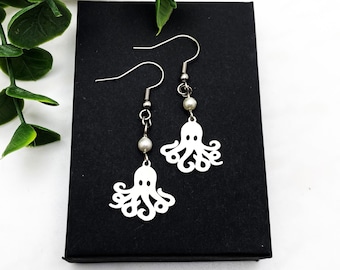 Pendientes de pulpo de acero inoxidable con perlas Swarovski de 4 mm en ganchos o postes - totalmente de acero inoxidable hipoalergénico, para orejas sensibles