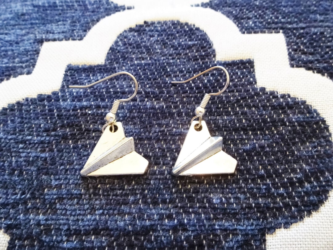 PAPER AIRPLANE EARRINGS in Silver Tone Stainless Steel Ear Hooks or