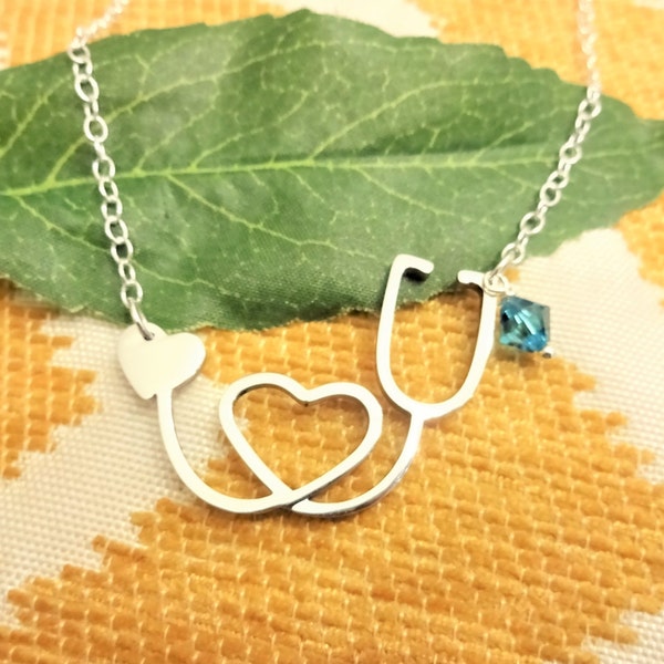 NURSE STETHOSCOPE NECKLACE w birthstone or pearl - measures 1-1/2 inches by 1 inch -choice of chains - stainless steel stethoscope