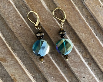 SWAROVSKI AB GREEN crystal earrings with gold on stainless steel earring lever backs (shown), hooks or posts - iridescent green crystals