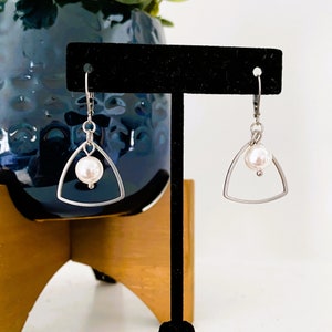 Geometric stainless steel SWAROVSKI PEARL EARRINGS with triangles on lever backs, posts or earring hooks - hypoallergenic, non tarnish
