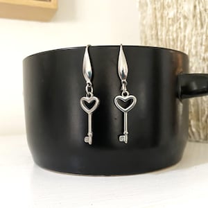 Stainless steel KEY with HEART EARRINGS- all stainless-steel earrings, hooks or posts - hypoallergenic, non tarnish, small key earrings