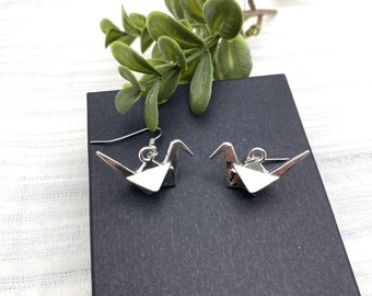 3D ORIGAMI CRANE EARRINGS - origami bird earrings -stainless steel hooks or posts - hypoallergenic, sensitive ears