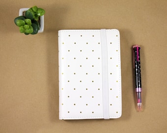Agenda planner 2018, 6 ring planner binder, planner organizer A6 white and gold polka dots with elastic