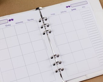 Printed A5 inserts undated monthly calendar, month on two pages planner inserts
