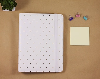 A5 planner 2018, 6 ring planner binder, planner organizer A5 white and gold polka dots with elastic