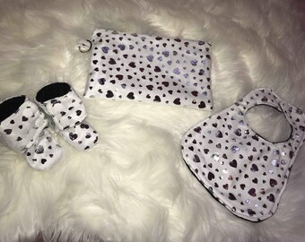 Baby Girl Gift Set Bib Bag Booties White Silver Minky
