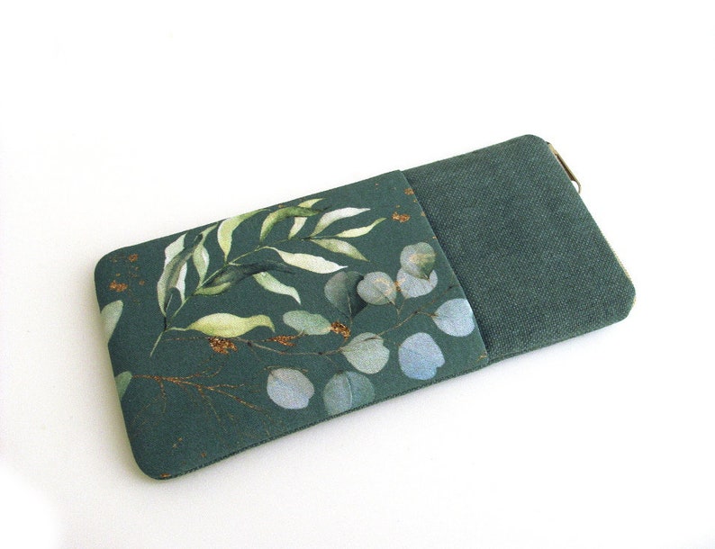 Glasses case with zip and extra pocket, eucalyptus pattern image 1