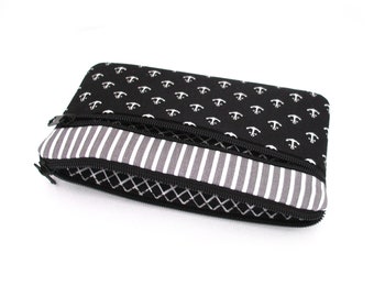 Mobile phone case two compartments, anchor and stripes, black, white