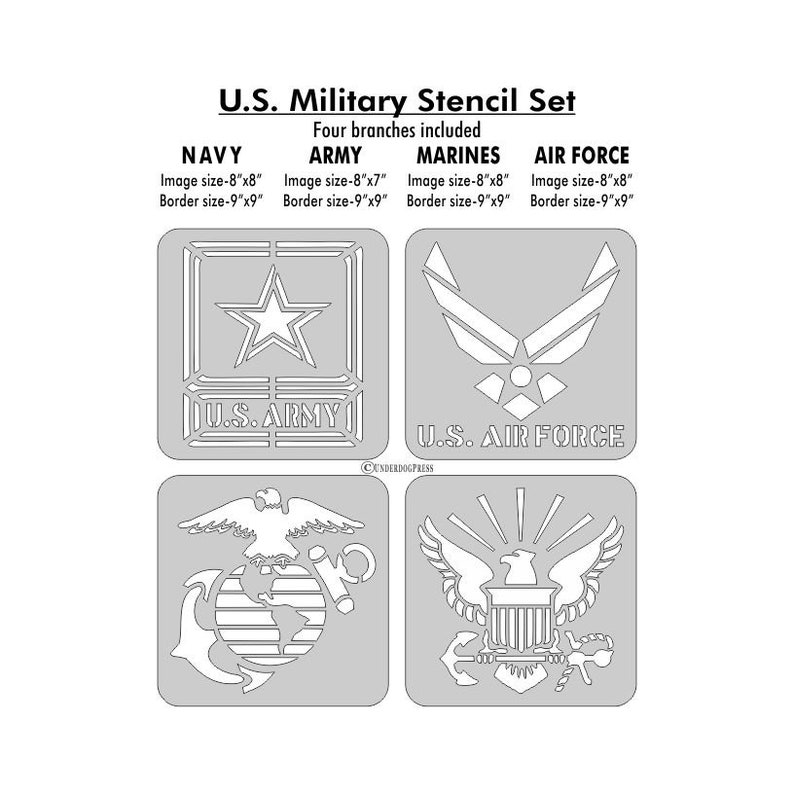 stencils military set of 4 8 inch image on 9x9 border