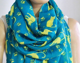 Gatos impresos algodón chal bufanda envolturas / bufanda de algodón verde / animal impreso bufanda chal / bufanda de algodón chal envolturas / bufanda de gato amarillo verde