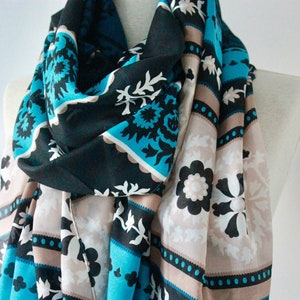 Blue Cotton Floral Shawl Scarf - Blue Floral Scarf - Blue Cotton Pareo - Beach Cover Up - Cotton Scarf - Cotton Shawl - Woman Scarves