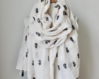 Feather Print Cream Cotton Scarf – Large Soft Shawl