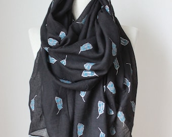 Black Cotton Scarf, Silver Feather Print Shawl