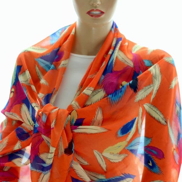 Orange Feather Pareo Shawl - Summer Scarf -  Woman Scarves - Woman Gift Ideas - Scarf - Shawl - Beach Cover Up - Pareo - Pareos - Scarves