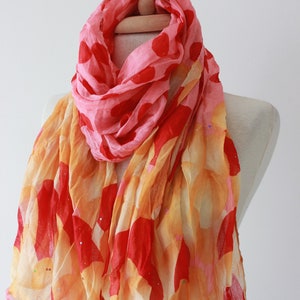 Pink Yellow Red Polka Dot Scarf, Cotton Polkadot Scarf, Red Pink Scarf, Yellow Red Polka Dot Scarf, Cotton Polkadot Scarf