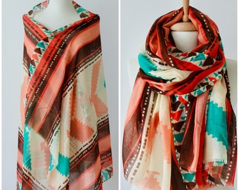 Aztec Print Cotton Large Beach Cover Up Pareo Scarf Shawl - Beige Brown Green Cotton Scarf - Aztec Cotton Scarf - Large Cotton Scarf Pareo