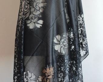 Schwarzer Floraler Spitze Schal, Schal, Braut Hochzeit Accessoire, Fransen Tüll Abend Stola