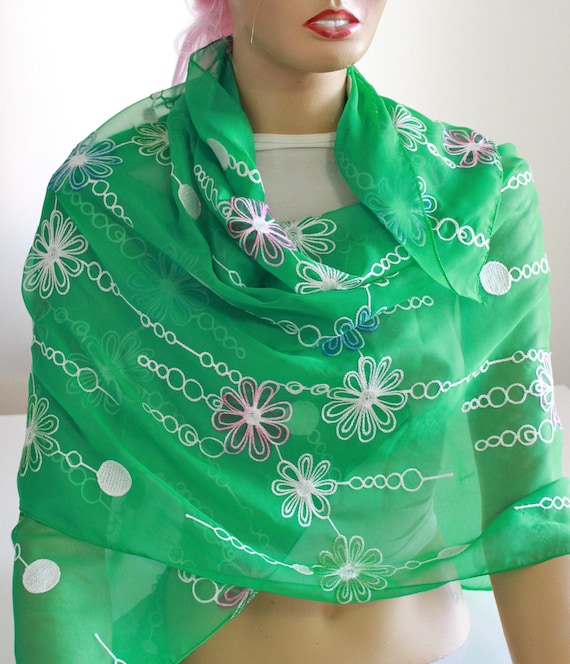 Green Floral Shawl Summer Green Scarf Chiffon Shawl Wedding
