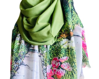 Pink Floral Chiffon Scarf - Green Garden Print Shawl