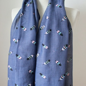 Feather Printed Cotton Scarf, Blue Shawl, Feather Blue Scarf, Blue Scarves, Cotton Scarves, Woman Scarves, Shawl, Scarf, Festival Shawl
