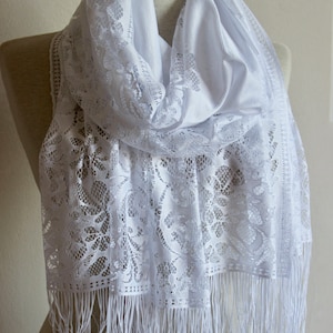 White Lace Shawl Scarf / Wedding Bridal Shawl / Lace Shawl Scarf / Floral Tulle Shawl / Bridesmaid Gift / White Tulle Lace Shawl Scarf