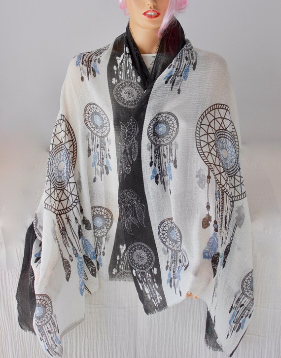 Dreamcatcher Cotton Scarf Shawl, White Black Patterned Accessories