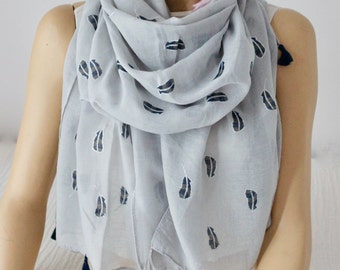 Silver Glitter Feather Print Scarf – Gray Cotton Pom Pom Shawl