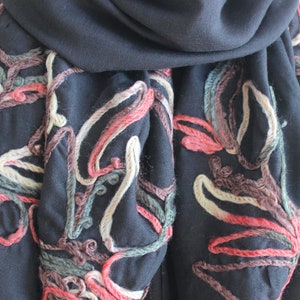 Floral Embroidered Black Cotton Shawl Scarf - Large Cotton Shawl - Hand Made Shawl Scarf Black Shawl Scarf Wraps - Hand Made Shawl Scarf