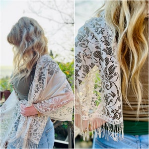 Beige Lace Shawl Scarf / Wedding Bridal Shawl / Lace Shawl Scarf / Floral Tulle Shawl / Bridesmaid Gift Shawl / Lace Scarf Fringed Shawl