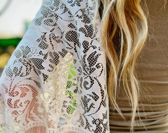 Beige Blumenspitze Schal Schal, Fransen Tüll Wrap