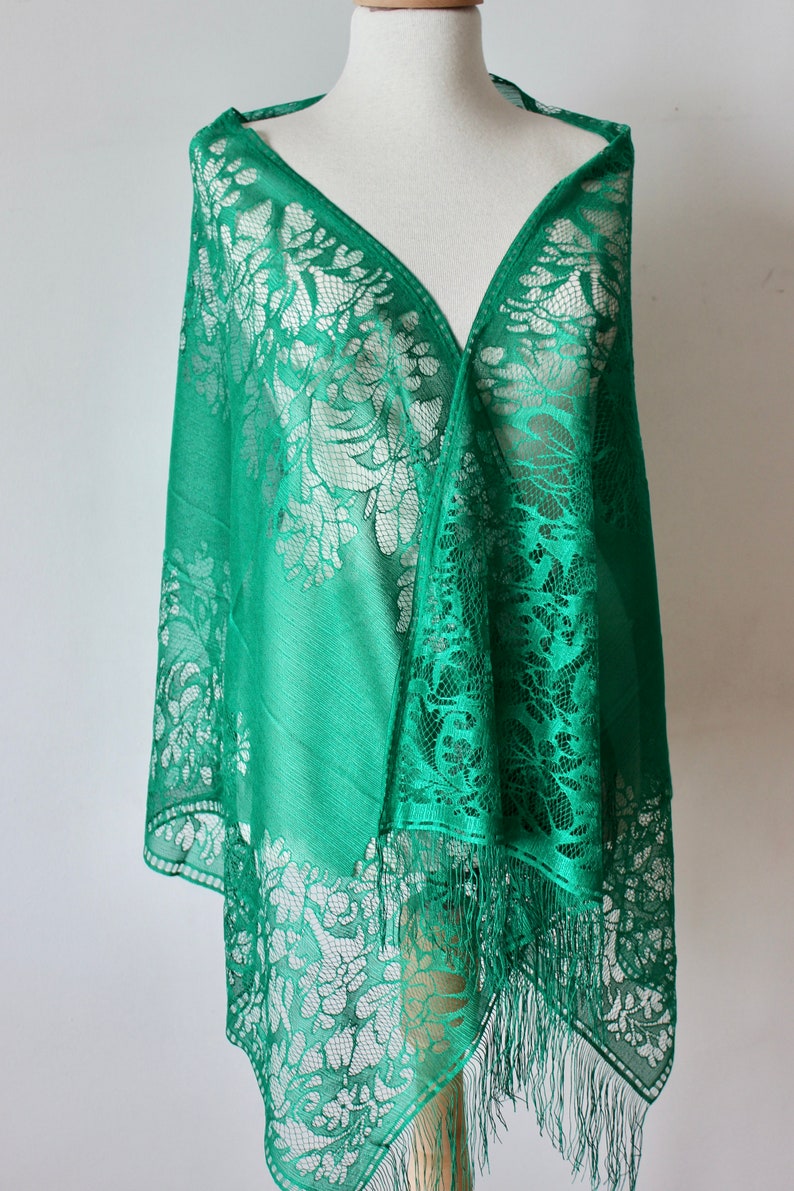 Bufanda de chal de tul de encaje verde chal con flecos de encaje chal de encaje de boda chal de tul bufanda de chal de tul de encaje verde con flecos imagen 6