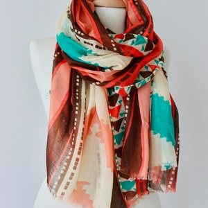 Aztec Print Cotton Large Beach Cover Up Pareo Scarf Shawl - Beige Brown Green Cotton Scarf - Aztec Cotton Scarf - Large Cotton Scarf Pareo