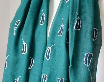 Green Cotton Scarf, Shined Feather Print, Lightweight Shawl