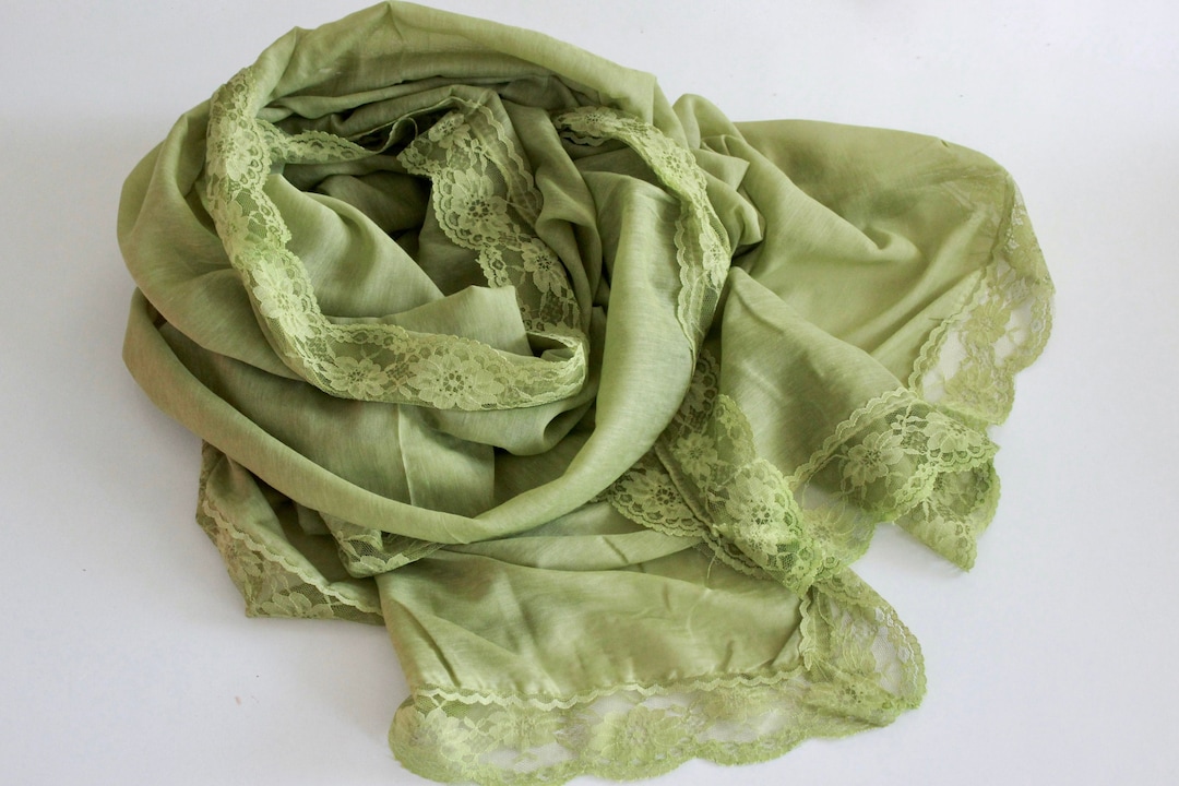 Green Cotton Lace Scarf Shawl Wraps Lace Fringed Cotton Shawl