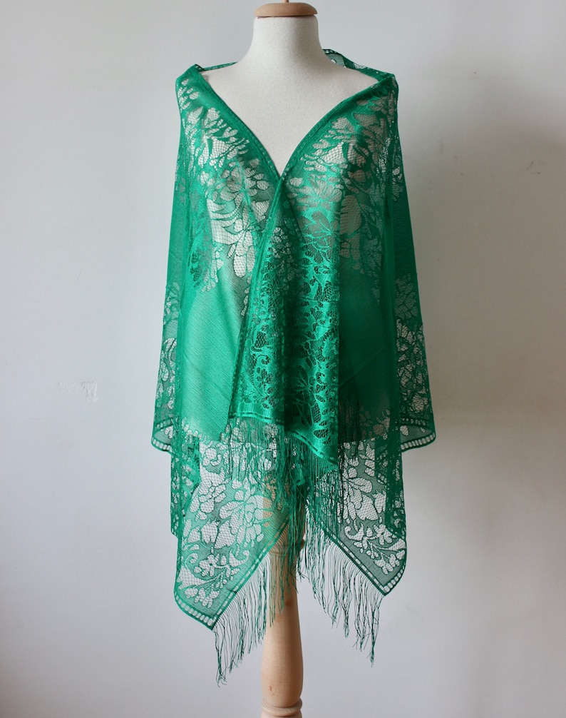 Bufanda de chal de tul de encaje verde chal con flecos de encaje chal de encaje de boda chal de tul bufanda de chal de tul de encaje verde con flecos imagen 3