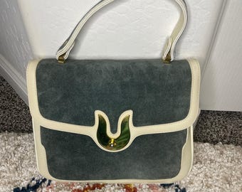 Vintage Marli Spain Blue Green Suede Handbag Purse