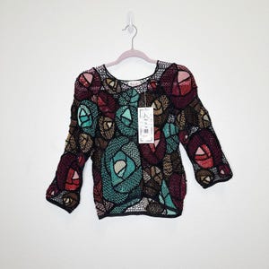 Lim’s 1980&#39;s Vintage Hand Crocheted Jewel Tone Cotton Abstract Top Small