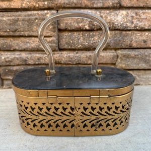 Vintage 1950&#39;s Lucite Brass Cut Out Handbag