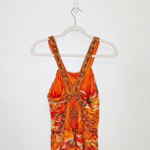 sue wong orange dress SUE WONG Orange Multi Beaded Floral Silk Resort Cruise Cocktail Coachella Dress